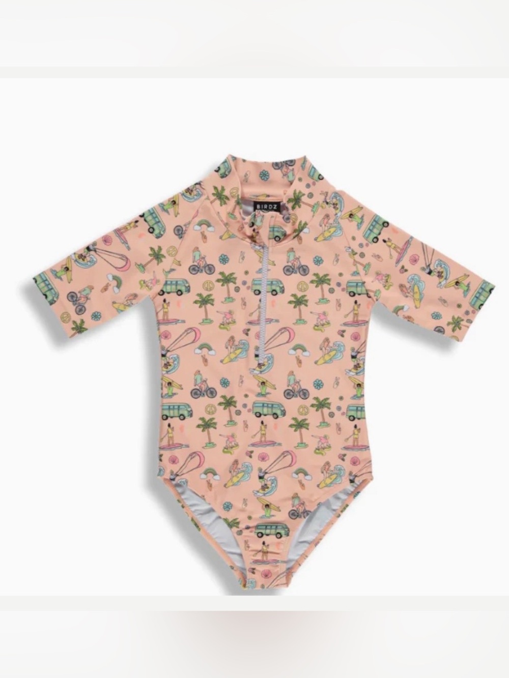 Budz Peach Surf Print Kids Rashguard One-Piece Swimsuit size 2 like mew